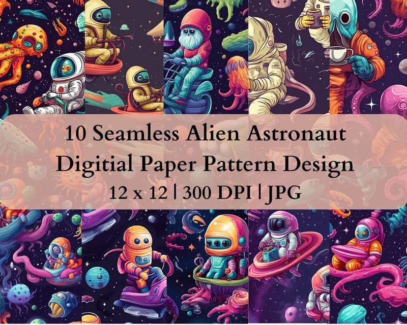 10 Seamless Alien Astronaut Digital Transfer Paper Pattern Design