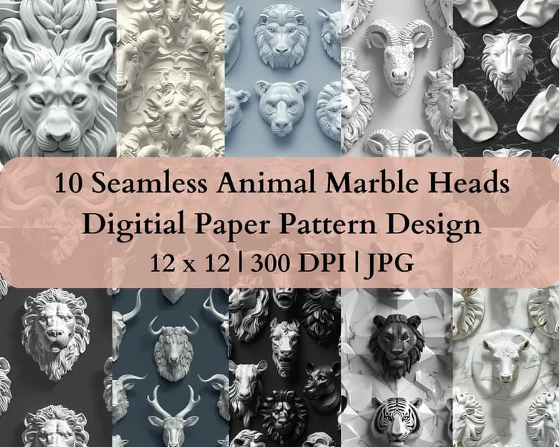 10 Seamless Animal Marble Heads Digital Transfer Paper Pattern Design