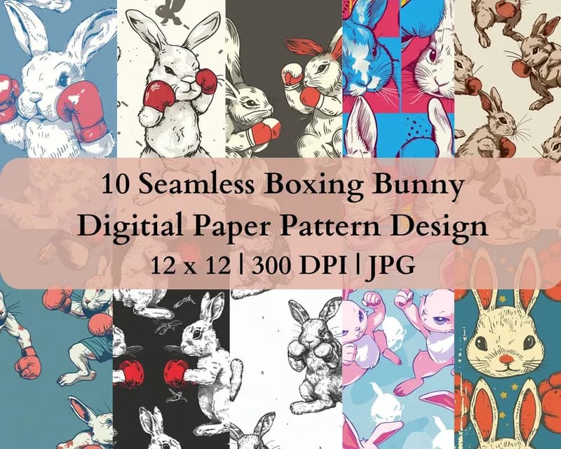 10 Seamless Boxing Bunny Digital Transfer Paper Pattern Design