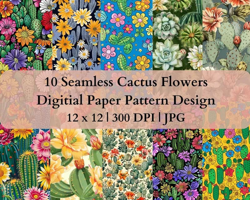 10 Seamless Cactus Flowers Digital Transfer Paper Pattern Design