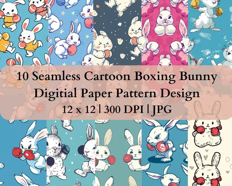10 Seamless Cartoon Boxing Bunny Digital Transfer Paper Pattern Design