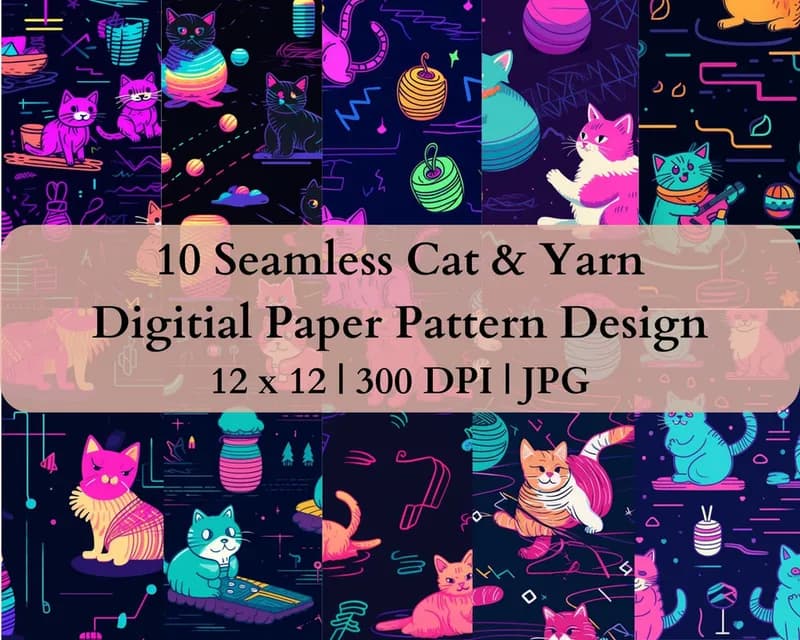 10 Seamless Cat Yarn Digital Transfer Paper Pattern Design