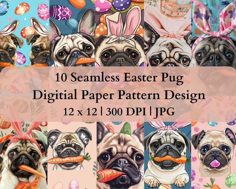 10 Seamless Easter Pug Digital Transfer Paper Pattern Design