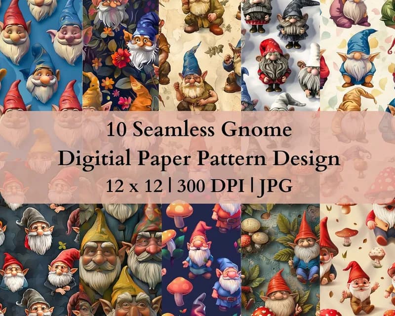 10 Seamless Gnome Digital Transfer Paper Pattern Design