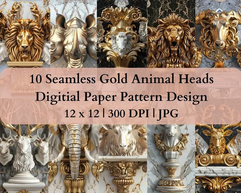 10 Seamless Gold Animal Heads Digital Transfer Paper Pattern Design