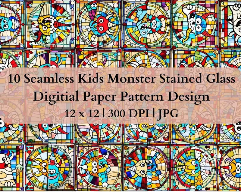 10 Seamless Kids Monster Stained Glass Digital Transfer Paper Pattern Design