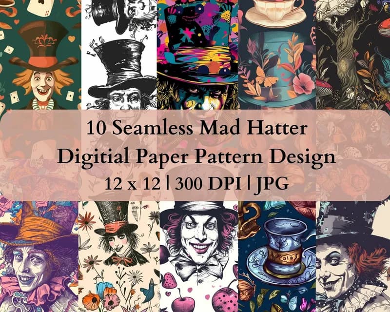 10 Seamless Mad Hatter Digital Transfer Paper Pattern Design