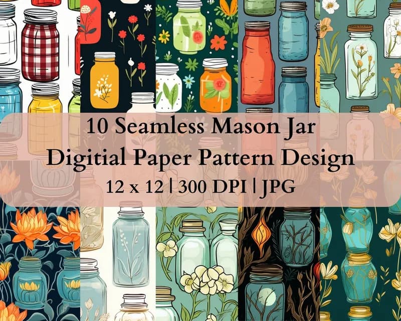 10 Seamless Mason Jar Digital Transfer Paper Pattern Design