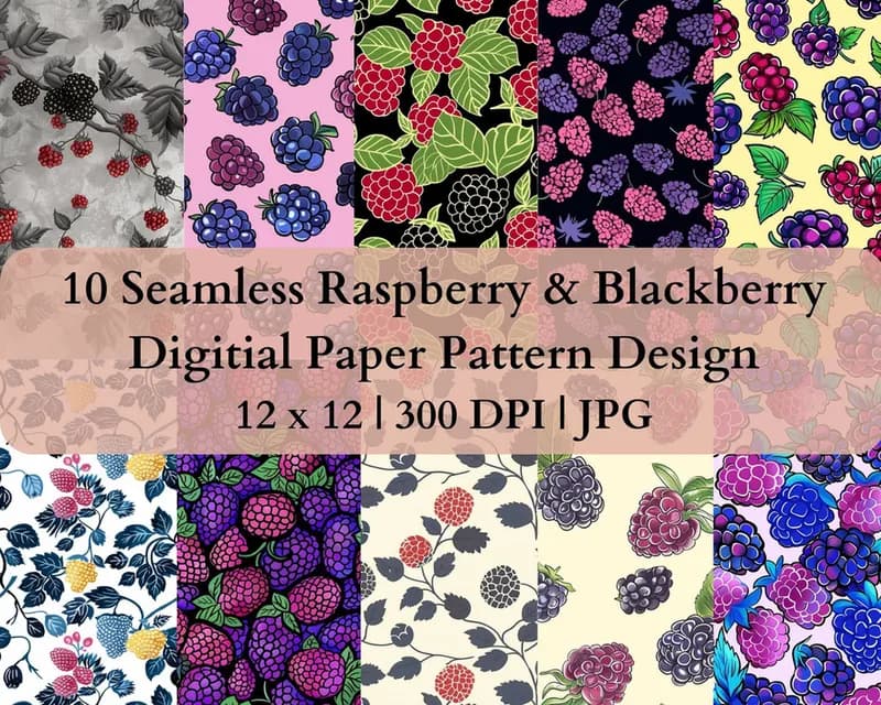 10 Seamless Raspberry & Blackbery Digital Transfer Paper Pattern Design