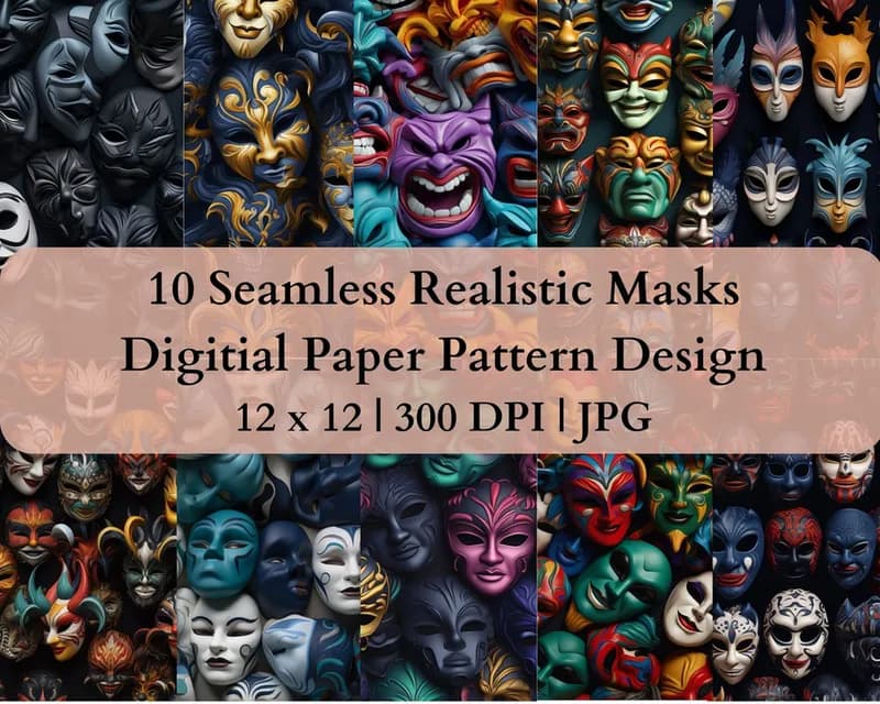 10 Seamless Realistic Masks Digital Transfer Paper Pattern Design