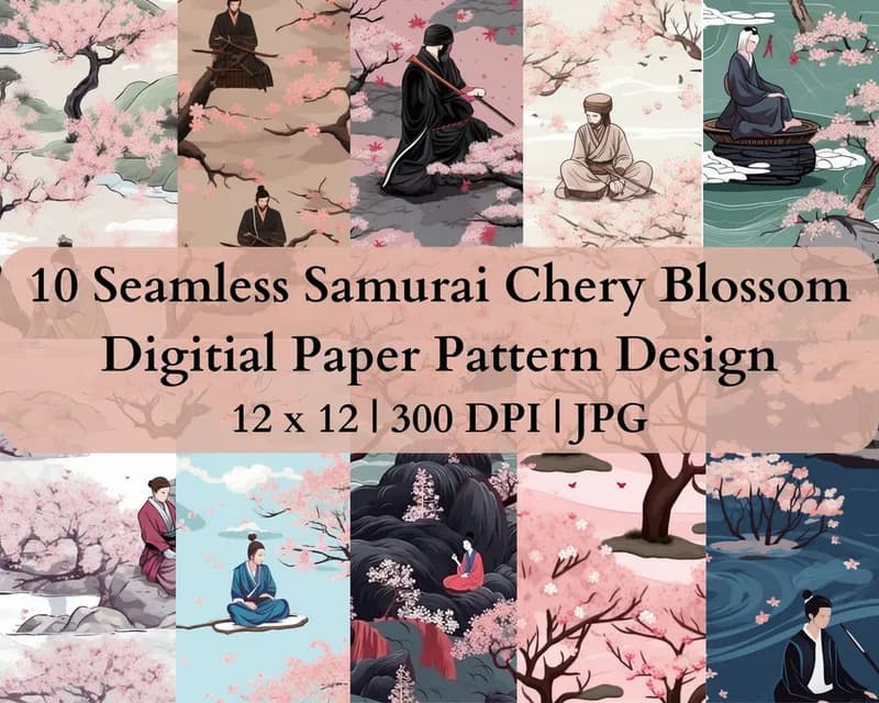 10 Seamless Samurai & Cherry Blossom Digital Transfer Paper Pattern Design