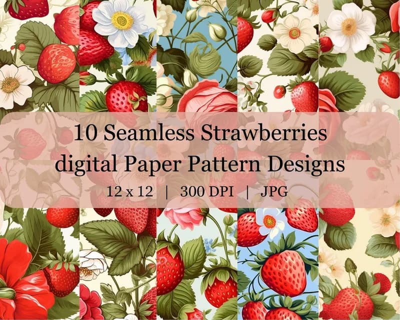 10 Seamless Strawberries Digital Transfer Paper Pattern Design
