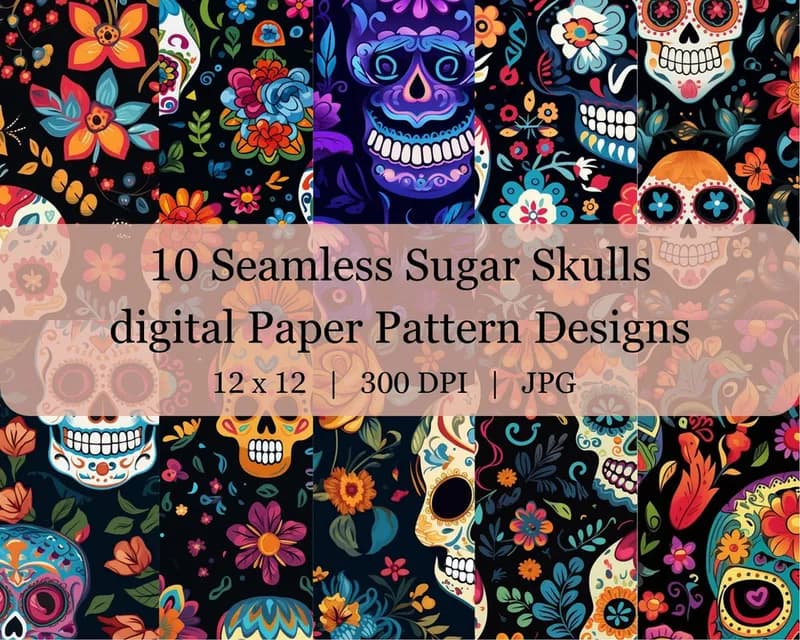 10 Seamless Sugar Skull Digital Transfer Paper Pattern Design