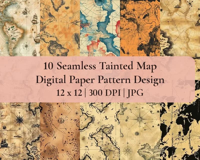 10 Seamless Tainted Map Digital Paper Pattern Design